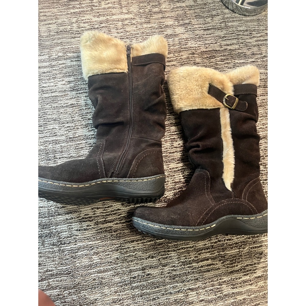 Brown Suede Faux Fur Lined Mid Calf Slouch Boots Leather Upper Size 9M